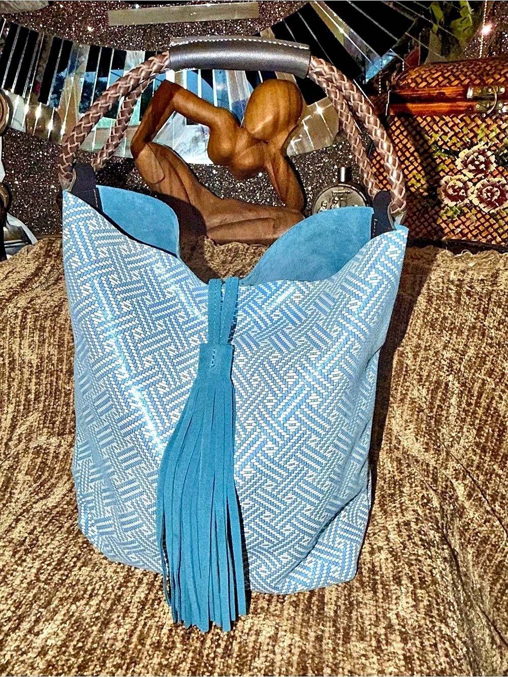 Uno Alla Volta Florentine Suede Bucket Bag in the Blue Weave Shimmer